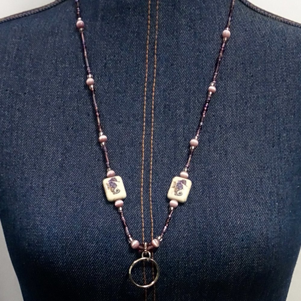 Hand Crafted Seahorse Eye Glass Badge Essential Oil Diffuser Holder Necklace